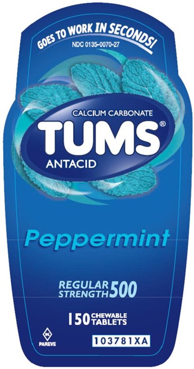 Tums Regular Peppermint 150 count label - Tums Regular Peppermint 150 count label